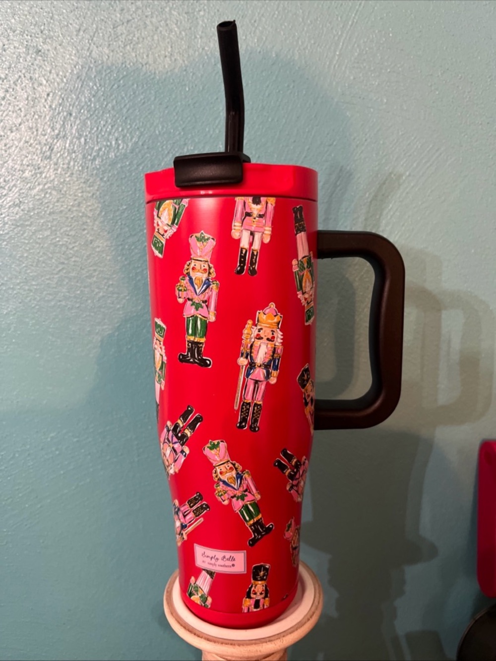 Simply Southern Red Nutcracker Print Travel Tumbler with Black Handle